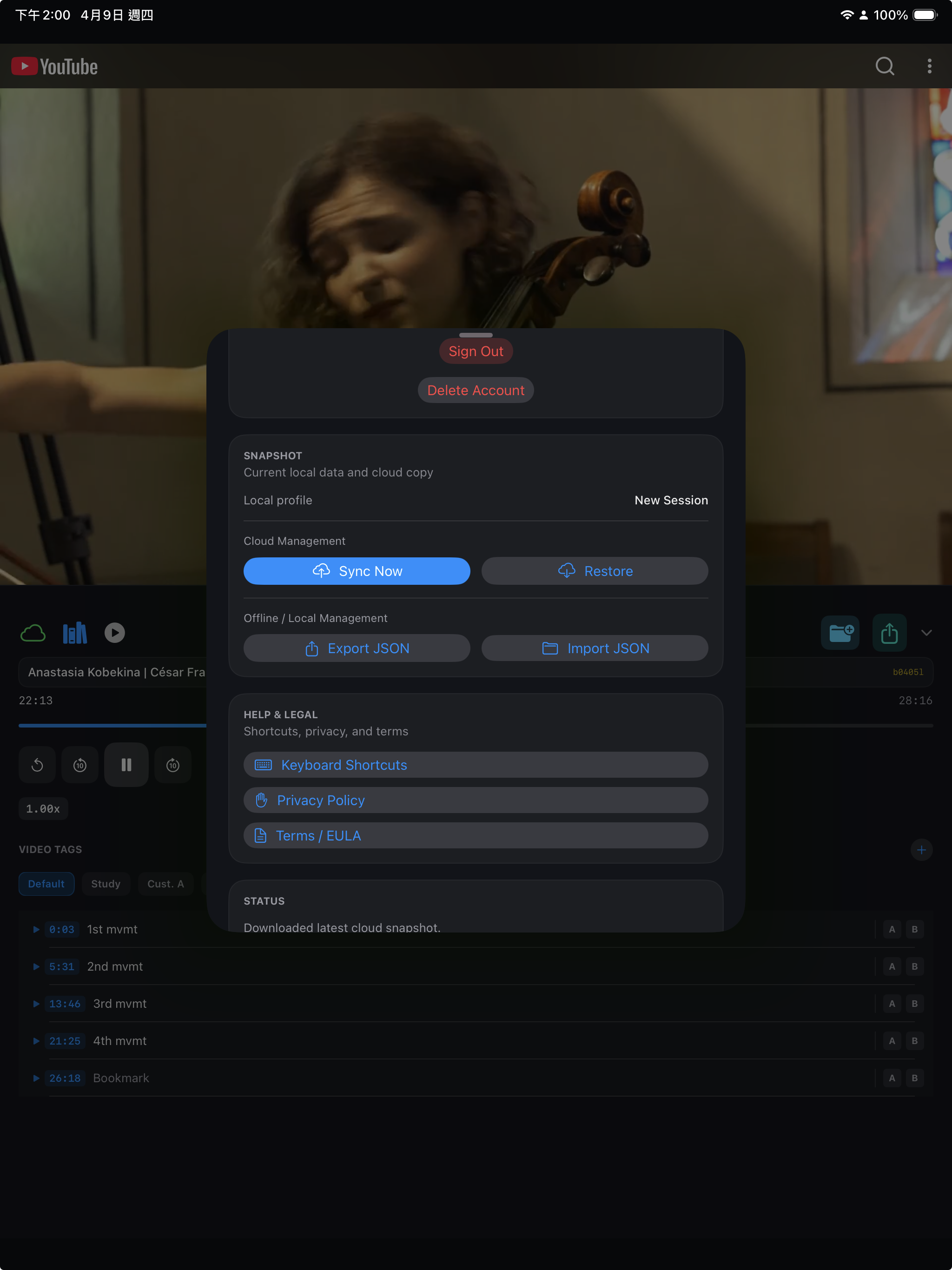 Cloud settings screen with sync and restore controls