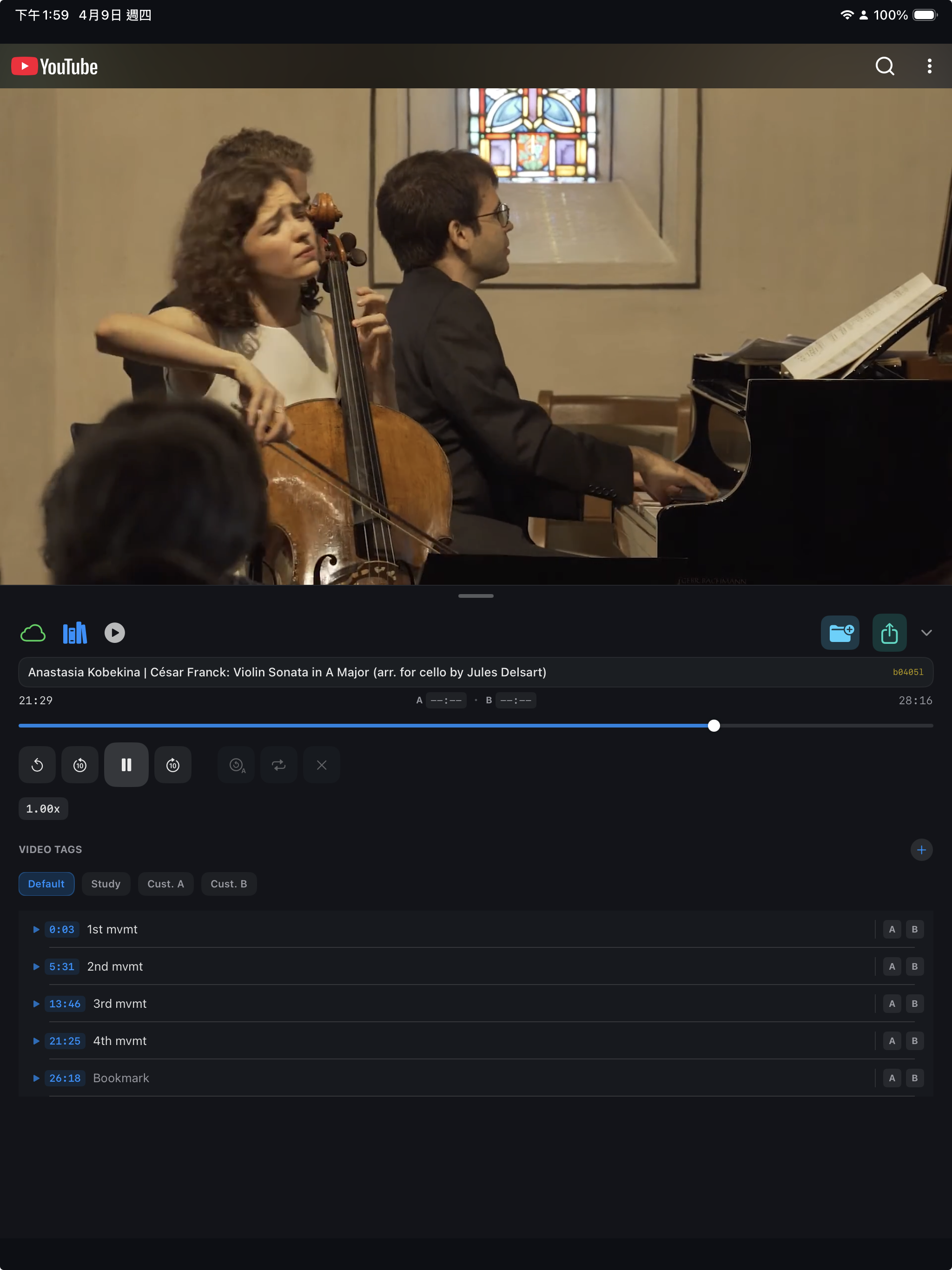 Portrait workspace showing playback controls and video tag groups below the player